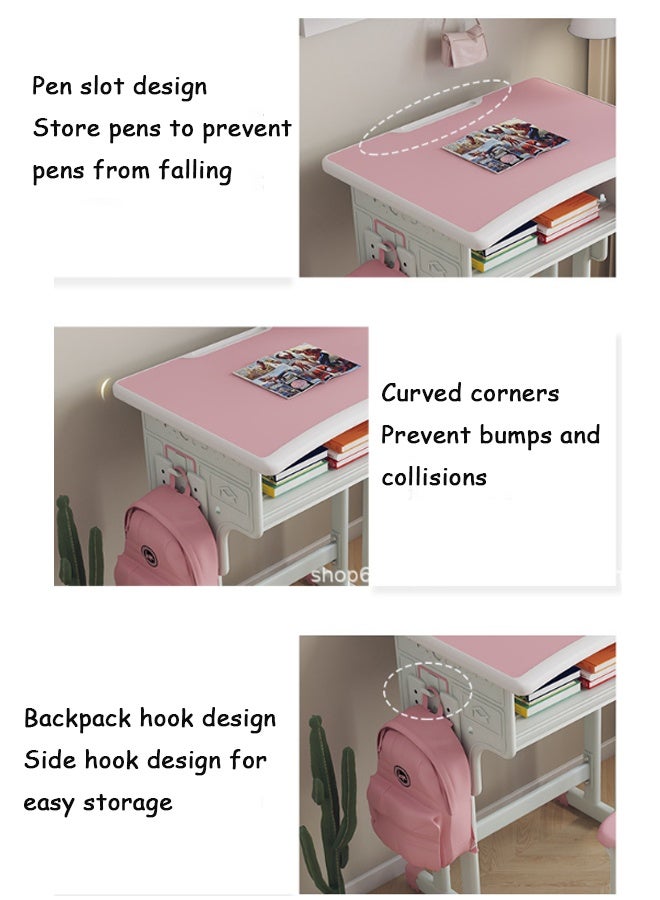 Aikenn Home Adjustable Height Kids Study Desk and Chair Set School Desks and Chairs with Pen Tray and Backpack Hook Multifunctional School Student Writing Desk Study Table with Storage The adjustable Thickened Steel Frosted Tabletop Rugged is Suitable for Children and Teenagers aged 3-18 Gifts for Boys and Girls Pink  - Image 5