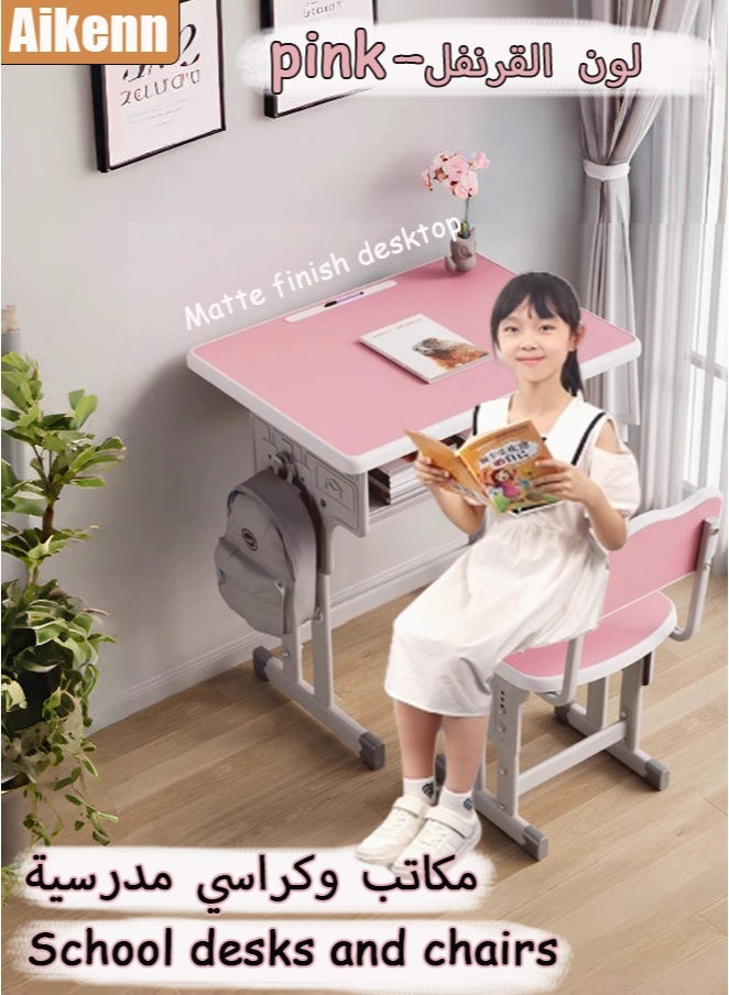Aikenn Home Adjustable Height Kids Study Desk and Chair Set School Desks and Chairs with Pen Tray and Backpack Hook Multifunctional School Student Writing Desk Study Table with Storage The adjustable Thickened Steel Frosted Tabletop Rugged is Suitable for Children and Teenagers aged 3-18 Gifts for Boys and Girls Pink  - Image 1