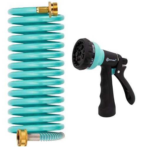 AUTOMAN Recoil Garden Water Hose 15 ft EVA Curly Water Hose with Brass ConnectorsGarden Hose CoilIncludes 7Pattern Function SprayerRetractableCorrosion Resistant Garden Coil Hose - Image 1