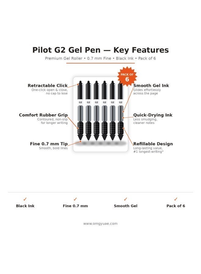 Pilot G2 Gel Pens 0.7mm Fine Point Black Ink Pack of 6 - Image 2