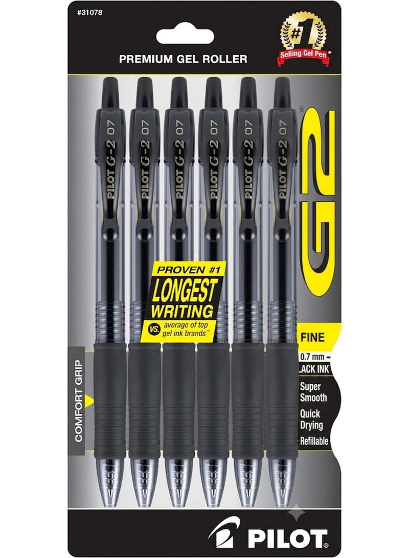 Pilot G2 Gel Pens 0.7mm Fine Point Black Ink Pack of 6 - Image 1