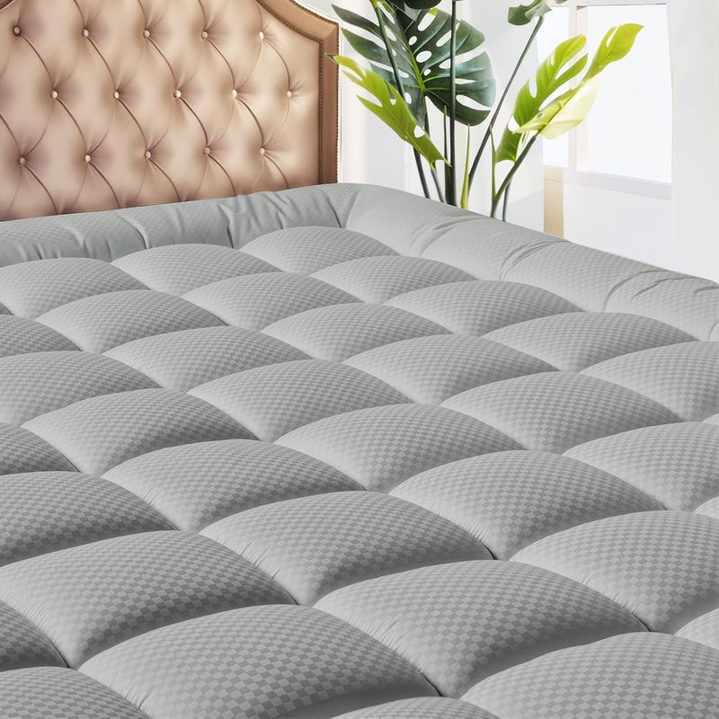 MATBEBY Bedding Quilted Fitted Twin Mattress Pad Cooling Breathable Fluffy Soft Mattress Pad Stretches up to 21 Inch Deep, Twin Size, Light Grey, Mattress Topper Mattress Protector - Image 1