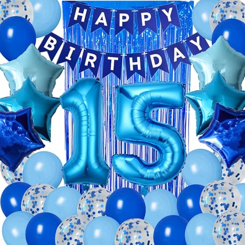 DUFACAI 15th Birthday Decorations for Boys Blue 15th Happy Birthday Banner Fifteen Party Supplies Number 15 Balloons Fringe Curtain 15 Years Old Bday Party Supplies Kit for Him Her Girls Blue - Image 1