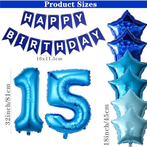 DUFACAI 15th Birthday Decorations for Boys Blue 15th Happy Birthday Banner Fifteen Party Supplies Number 15 Balloons Fringe Curtain 15 Years Old Bday Party Supplies Kit for Him Her Girls Blue - Image 5