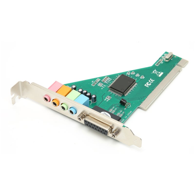 بطاقة صوت PCI مع شريحة CMI/HT8738  
نسبة إشارة إلى ضوضاء 120 ديسيبل  
تشغيل مزدوج الاتجاه بالكامل - بطاقة صوت داخلية للكمبيوتر بـ 4 قنوات  
متوافقة مع أنظمة Windows 98/2000/XP/NT - Image 2