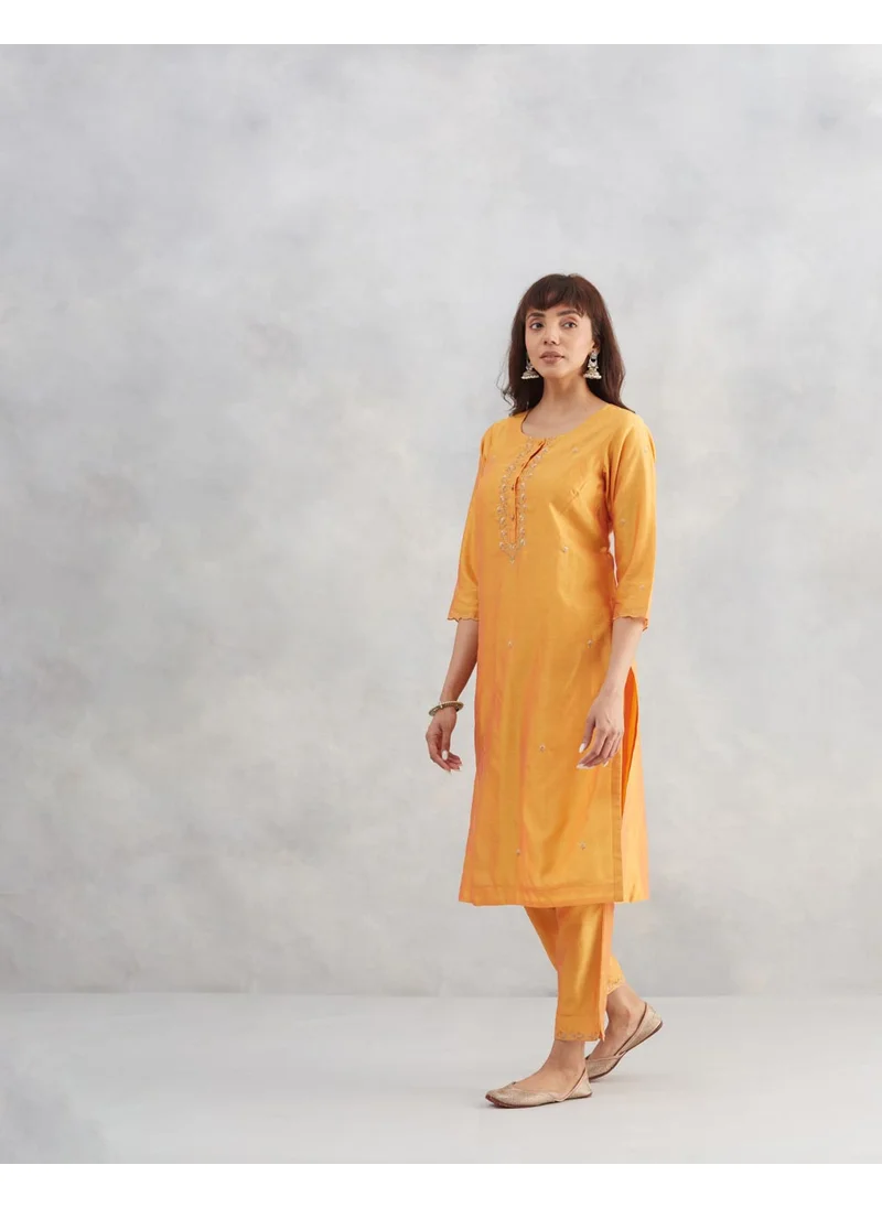 فاب انديا Yellow Cotton Silk Embroidered Kurta & Pant Set