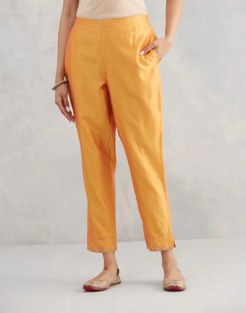 Fabindia Yellow Cotton Silk Embroidered Kurta & Pant Set