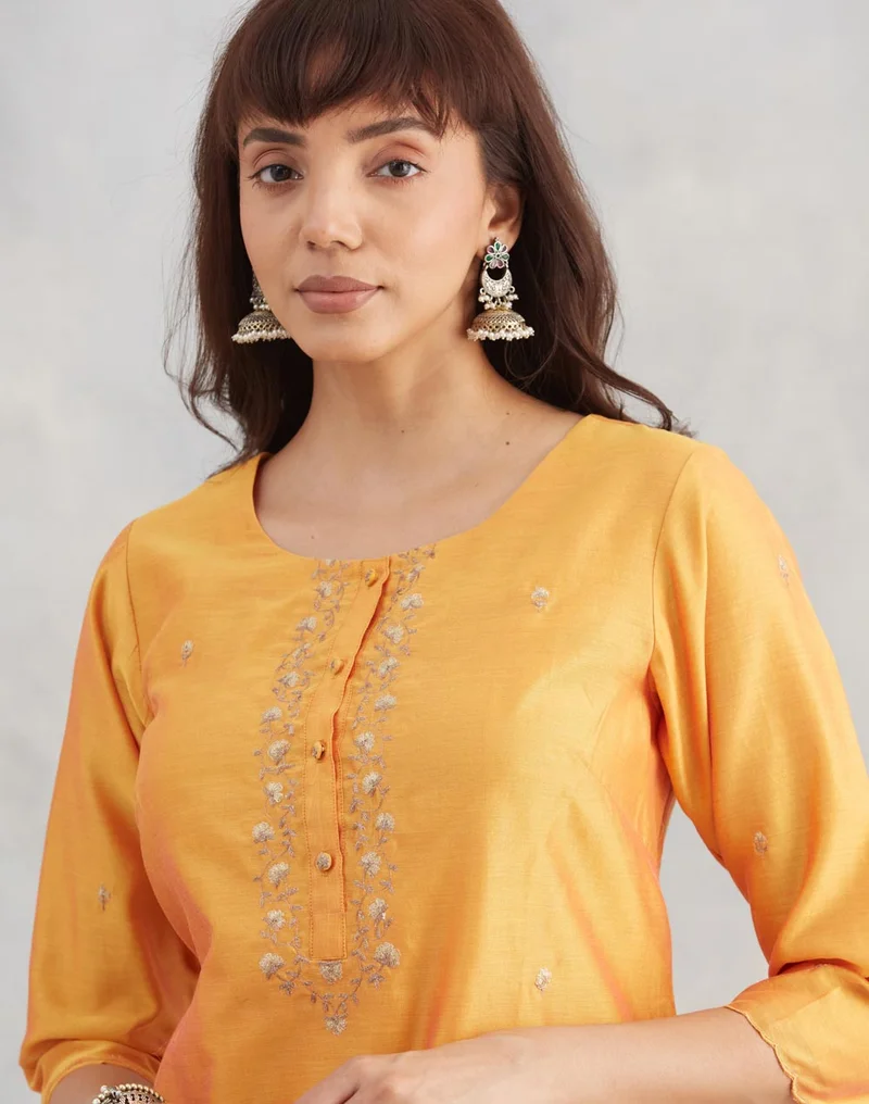 Fabindia Yellow Cotton Silk Embroidered Kurta & Pant Set