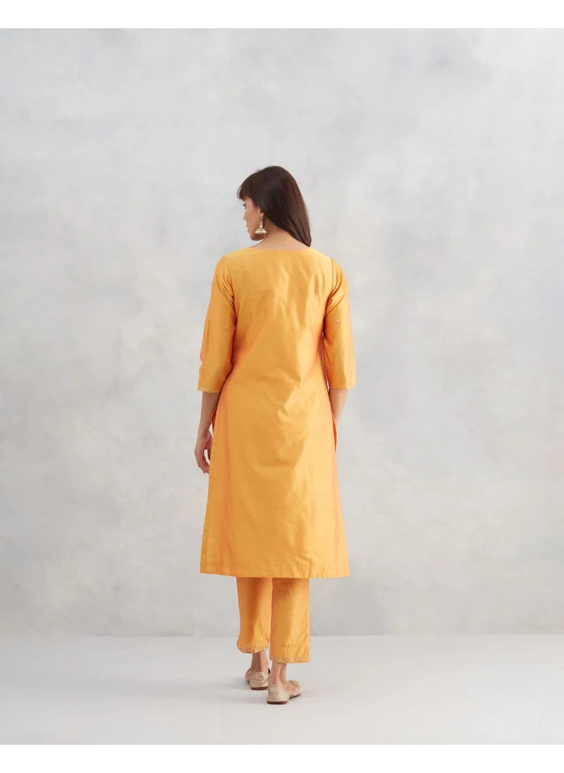 فاب انديا Yellow Cotton Silk Embroidered Kurta & Pant Set