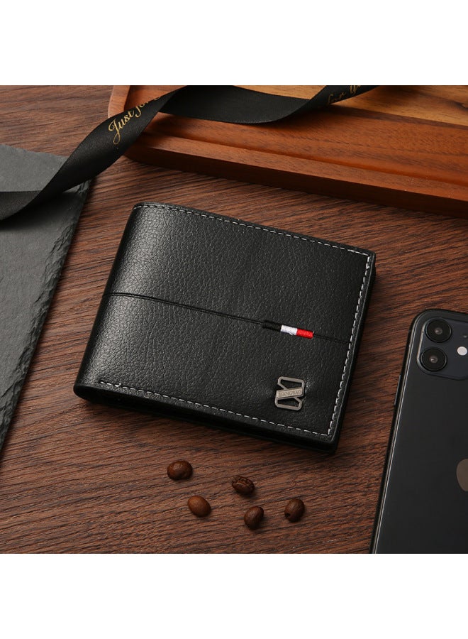 Men's Wallet Men's Short Wallet Men's Youth Simple Fashion Multi-card Flat Horizontal Wallet-Color:Black  - Image 1