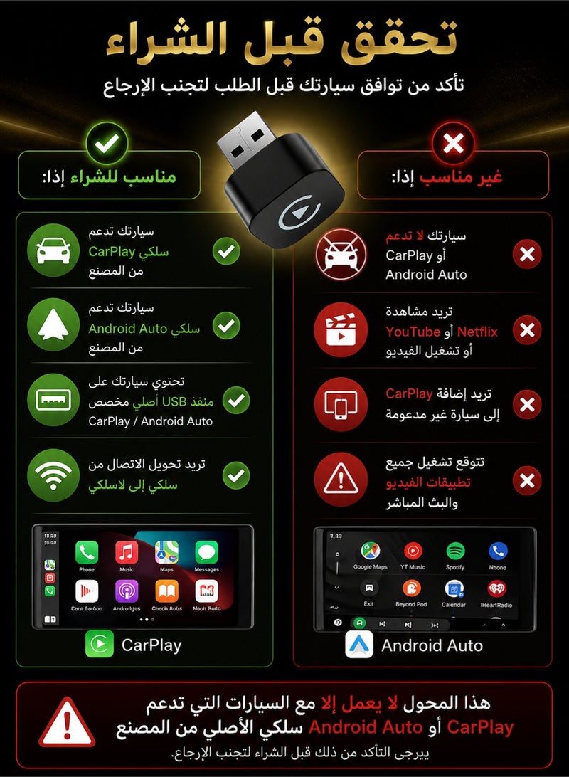 TUNKE 2-in-1 Wireless CarPlay & Android Auto Adapter for Cars with Factory Wired CarPlay or Android Auto, Bluetooth 5.4, Dual-Band 2.4GHz/5GHz Wi-Fi, USB-A Dongle with USB-C Adapter - Image 2