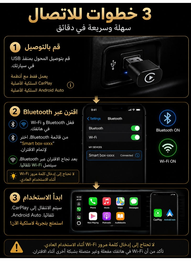 TUNKE 2-in-1 Wireless CarPlay & Android Auto Adapter for Cars with Factory Wired CarPlay or Android Auto, Bluetooth 5.4, Dual-Band 2.4GHz/5GHz Wi-Fi, USB-A Dongle with USB-C Adapter - Image 3