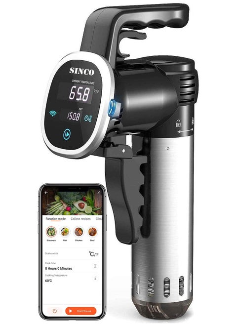 طباخ Sous Vide، جهاز تدوير الغمر الحراري Sinco Wifi بقدرة 1000 وات، مؤقت رقمي دقيق لدرجة الحرارة، ستانلس ستيل، هادئ للغاية، طباخ لحم البقر بدرجة حرارة منخفضة