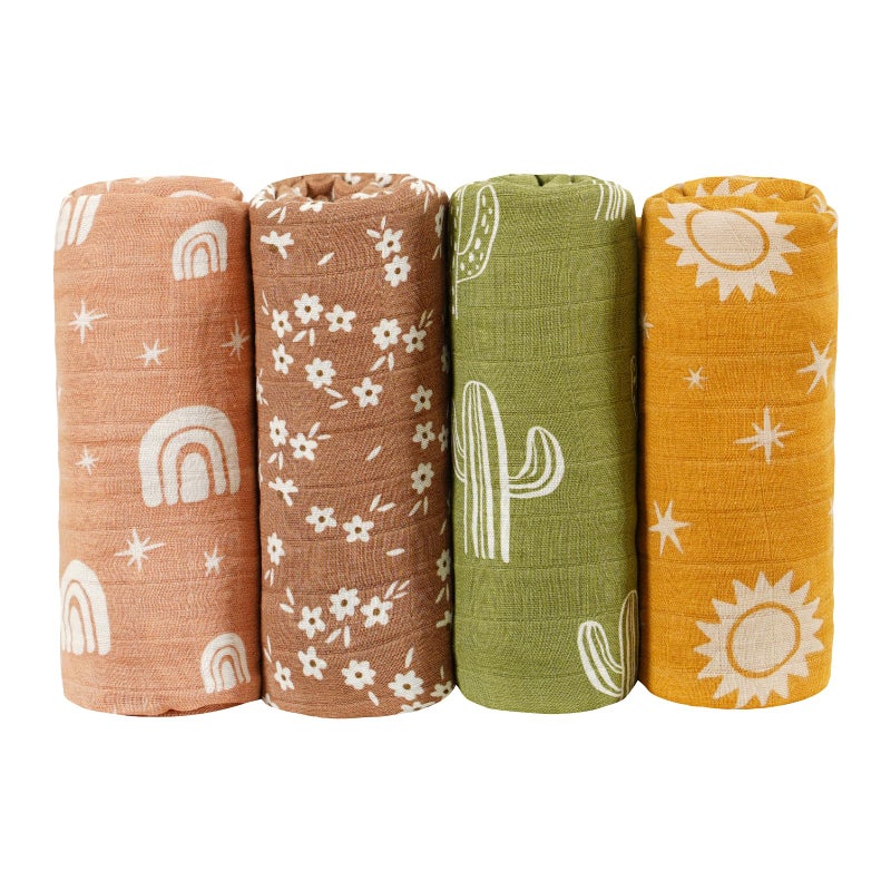 CoolaPeach 4 Set Muslin Swaddle Blankets for Newborn Baby Boys, Girls,Receiving Blankets-Cute Soft Print Baby Towel Wrap 120x110cm Baby(Cactus) - Image 2