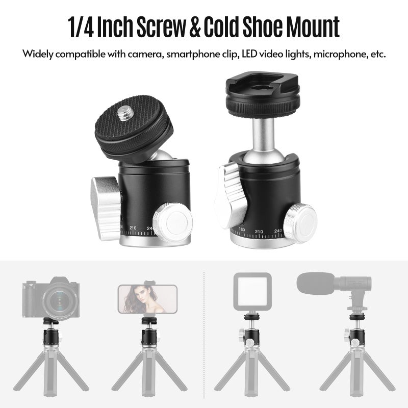 2-in-1 1/4 Screw Cold Shoe Mount Ball Head Dual Use Mini Ball Head 360° Rotatable Aluminum Alloy Ball Head for Camera Phone Holder Tripod - Image 5
