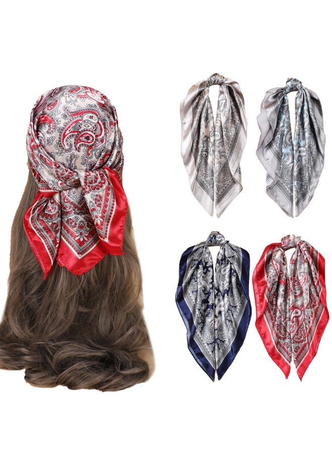 آي إس آي منحوتات رأس الحرير المقلدة، باندانا مربعة للنساء، 60×60 سم، 4 حزمة - Image 1