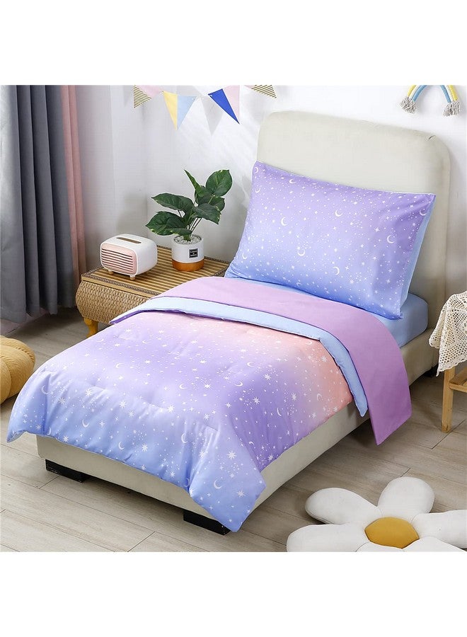 URBONUR 4 Piece Toddler Bedding Set for Girls Glitter Purple Orange Toddler Bedding Set Gradient Stars Print Girls Bedding Toddler Comforter Set - Image 2