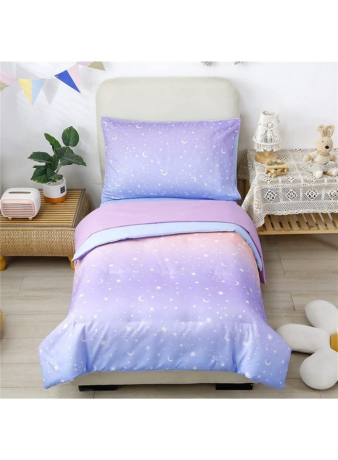URBONUR 4 Piece Toddler Bedding Set for Girls Glitter Purple Orange Toddler Bedding Set Gradient Stars Print Girls Bedding Toddler Comforter Set - Image 1
