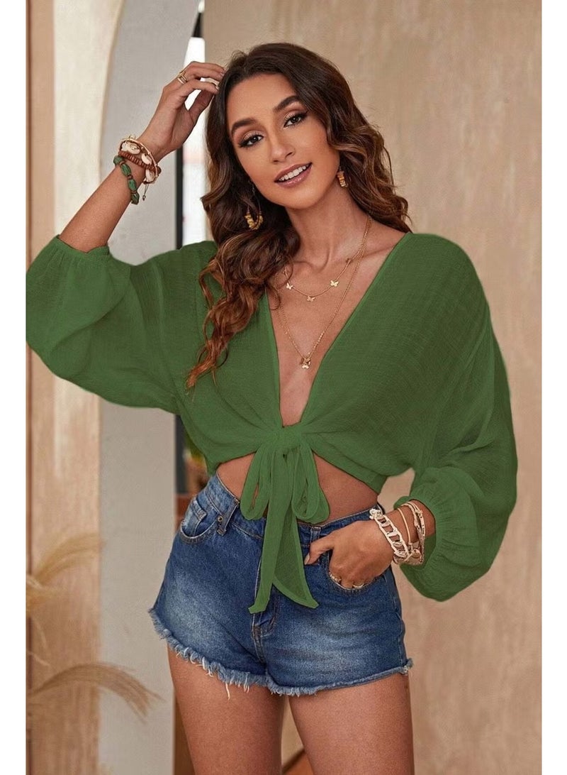 Angelsin Front Tie Casual Shirt Pareo Crop Blouse - Image 2