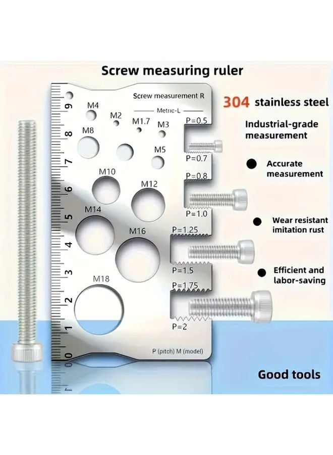 M12 Thread Gauge Heavy Duty Stainless Steel Screw Bolt Measuring Tape Ruler Metric Imperial Scale Silvery - Image 2