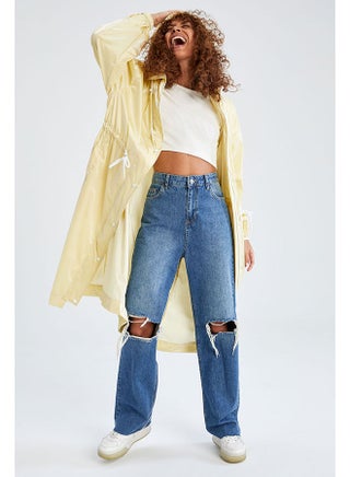 Woman Oversize Fit Hooded Zipper Waterproof Long Raincoat Parka