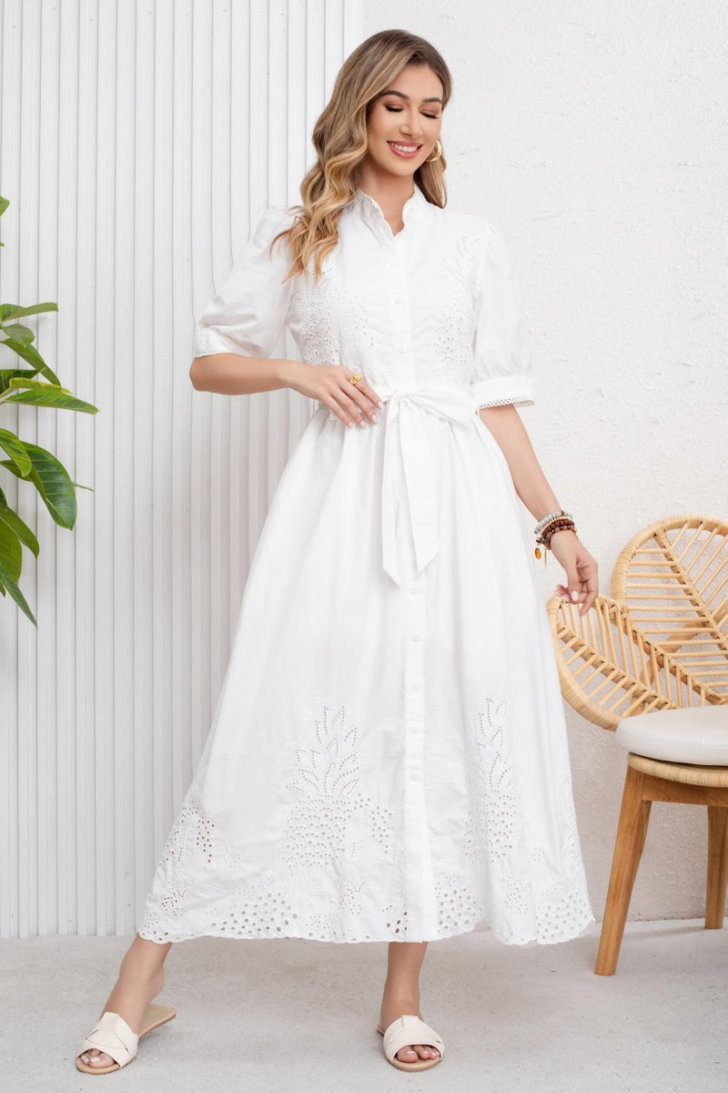 utcoco Women's Embroidered Eyelet Shirt Dresses Belted Puff Sleeve Button Down Swing Boho Cotton Maxi Shirt Dress (Large, White) - Image 2
