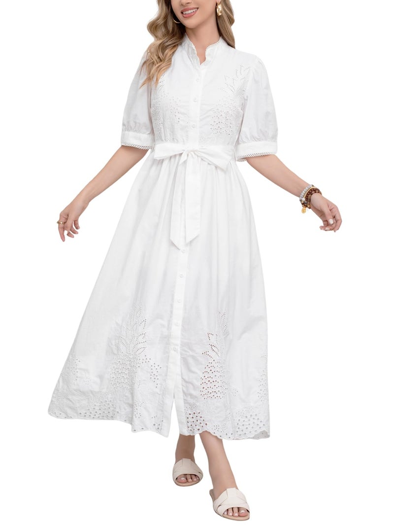 utcoco Women's Embroidered Eyelet Shirt Dresses Belted Puff Sleeve Button Down Swing Boho Cotton Maxi Shirt Dress (Large, White) - Image 1