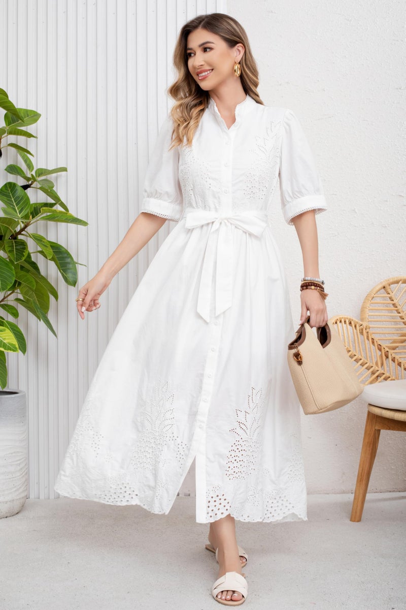 utcoco Women's Embroidered Eyelet Shirt Dresses Belted Puff Sleeve Button Down Swing Boho Cotton Maxi Shirt Dress (Large, White) - Image 4