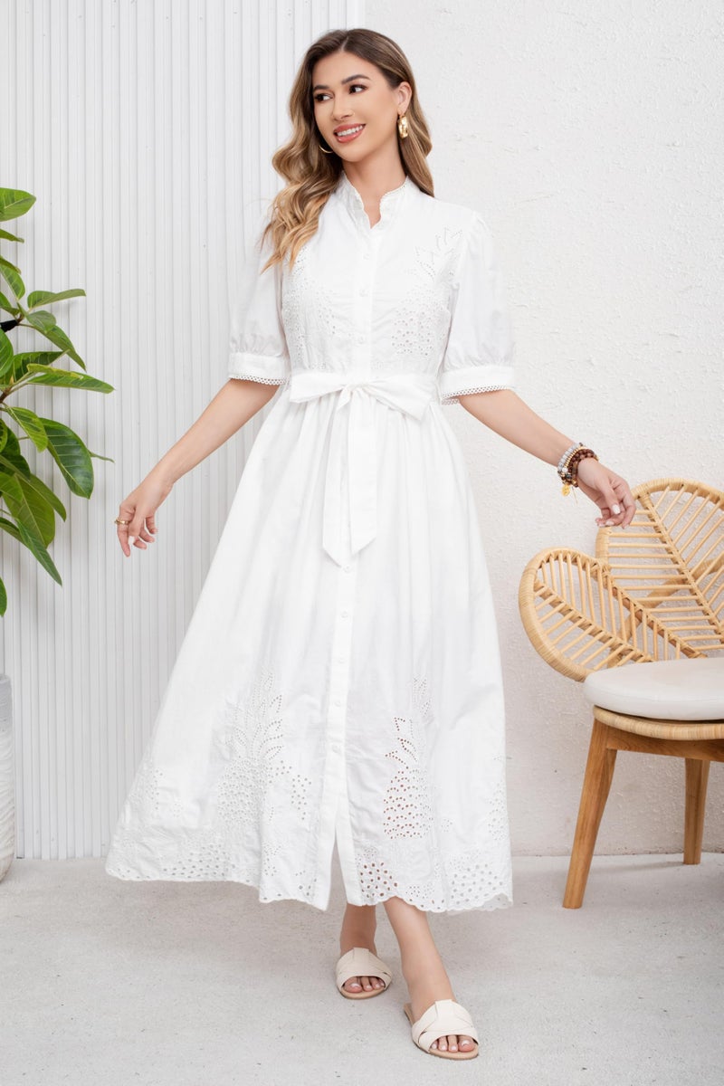 utcoco Women's Embroidered Eyelet Shirt Dresses Belted Puff Sleeve Button Down Swing Boho Cotton Maxi Shirt Dress (Large, White) - Image 3