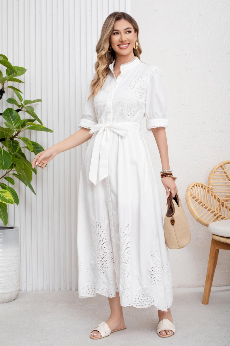 utcoco Women's Embroidered Eyelet Shirt Dresses Belted Puff Sleeve Button Down Swing Boho Cotton Maxi Shirt Dress (Large, White) - Image 5
