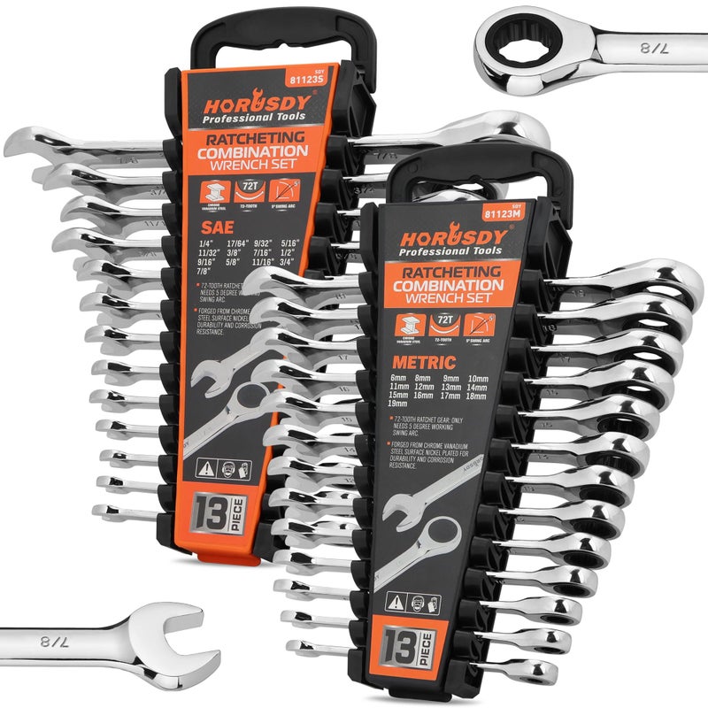 HORUSDY 26-Piece Ratcheting Wrench Set | Metric and SAE | Ratchet Combination Wrenches Set with Organizer | 72-Tooth | Chrome Vanadium Steel | 6-19 mm & 1/4â€ to 3/4â€œ (13-Piece Metric&SAE) - Image 1
