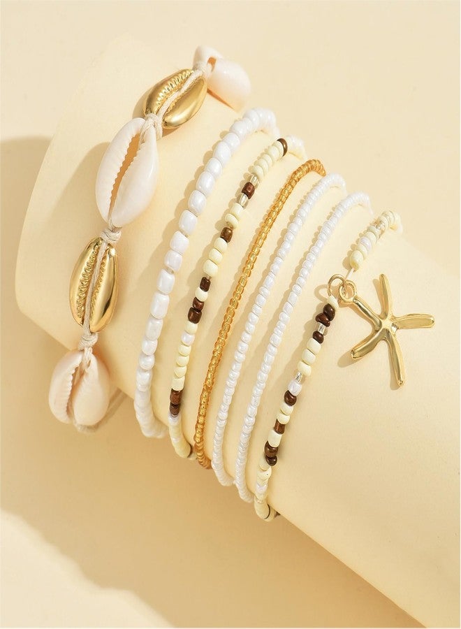 yfstyle Handmade Summer Shell Bracelets for Women Boho Beaded Starfish Seashell Bracelet Layered Stretch Surfer Beach Bracelets Set Beach Jewelry Gifts Gold Starfish - Image 4