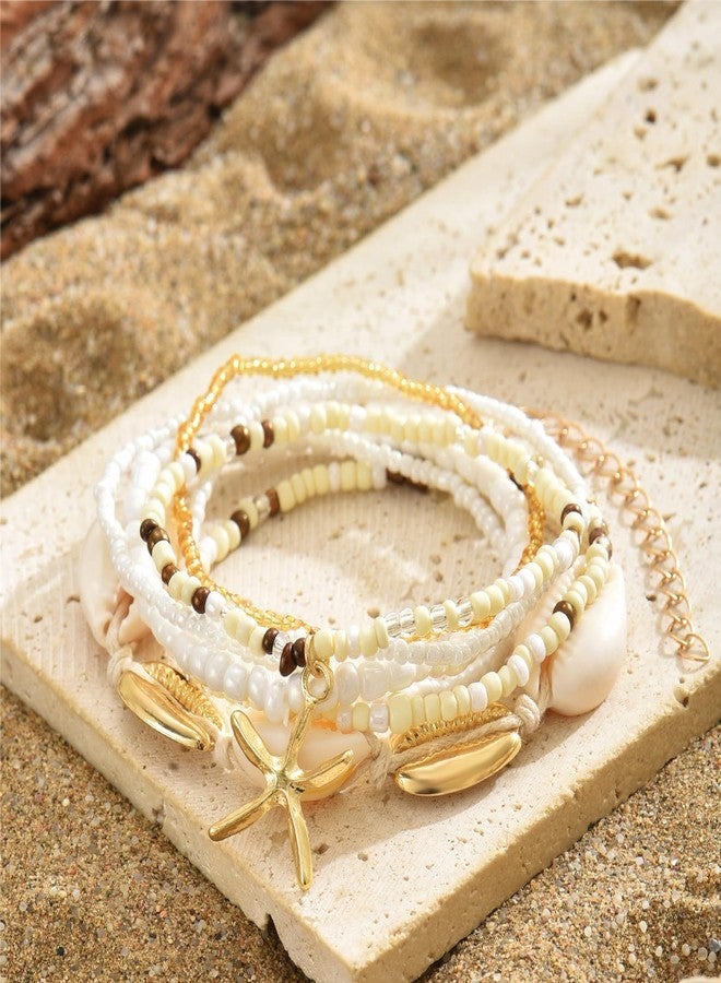 yfstyle Handmade Summer Shell Bracelets for Women Boho Beaded Starfish Seashell Bracelet Layered Stretch Surfer Beach Bracelets Set Beach Jewelry Gifts Gold Starfish - Image 5