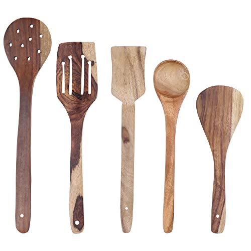 e kysa basics Wooden Round (31 * 7 cm), Rectangle (31 * 7 cm, 2 pcs) and Triangle (24 * 8 cm) Compact Flip/Spatula/Ladle and Spoon (27 * 6 cm) for Cooking Dosa/Roti/Chapati, Non-Stick- Set of 5 - Image 1