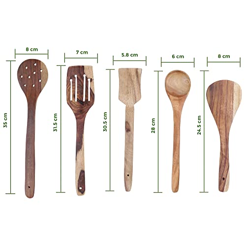 e kysa basics Wooden Round (31 * 7 cm), Rectangle (31 * 7 cm, 2 pcs) and Triangle (24 * 8 cm) Compact Flip/Spatula/Ladle and Spoon (27 * 6 cm) for Cooking Dosa/Roti/Chapati, Non-Stick- Set of 5 - Image 2