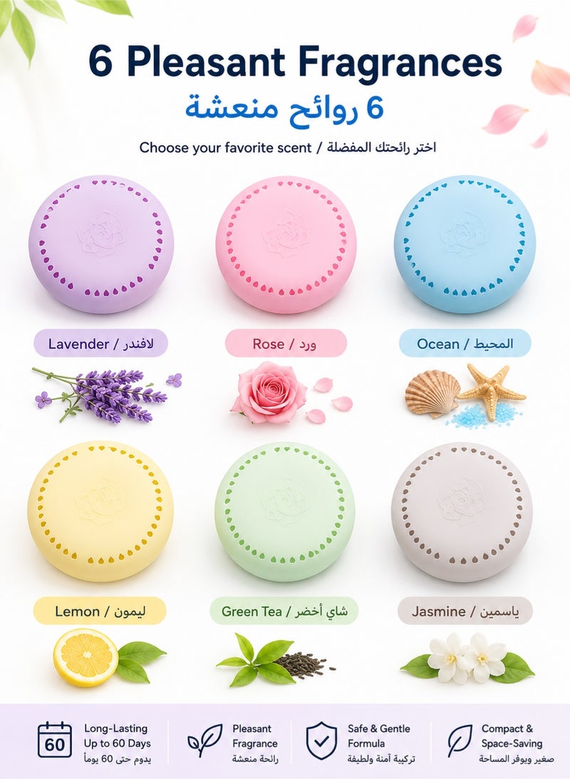 موندا عبوة من 6 قطع معطر جو لاصق صلب، مزيل روائح للحمامات وغرف النوم وخزانات الملابس والسيارات والمنزل، معطر جو يدوم طويلاً مع أقراص معطرة، سهل التركيب. - Image 5