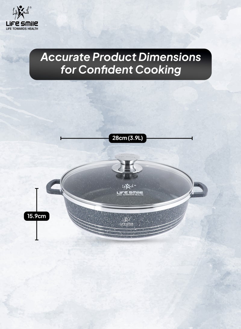 Life Smile 28cm (3.9 Liters) Nonstick Shallow Pot- Cooking Pot - Multi Layer Non Stick Granite Cookware 100% PFOA Free Cookwares- Shallow Pot with Glass Lid & Stainless Steel Rim - Oven safe Pots  - Image 3