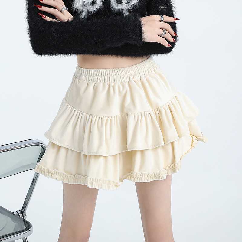 Real Shot Velvet Puff Cake Skirt Womens Autumn and Winter Ballet Style High Waist Slimming Lotus Leaf Frontier A- line Skirt Coffee color  - Image 2