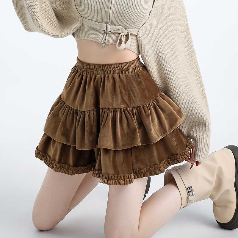 Real Shot Velvet Puff Cake Skirt Womens Autumn and Winter Ballet Style High Waist Slimming Lotus Leaf Frontier A- line Skirt Coffee color  - Image 1