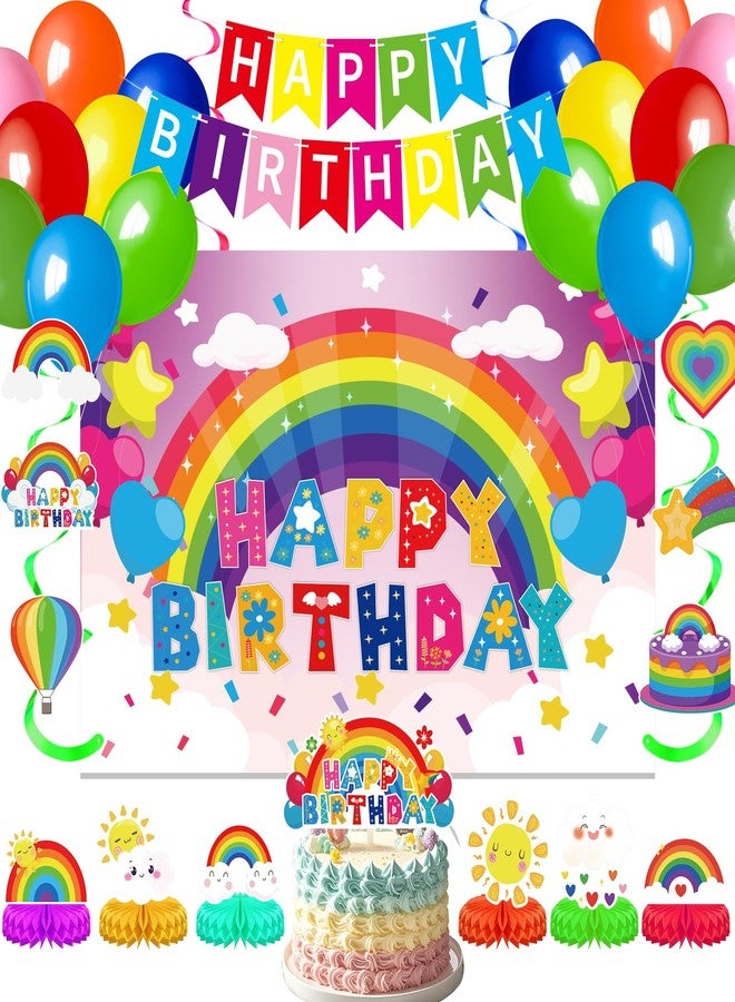 LUUFILx Rainbow Birthday Party Decoration Happy Birthday Banner Decorations for Kids Girls Rainbow Party Supplies Includes Honeycomb Centerpieces Hanging Swirl Balloons Cake Topper - Image 1