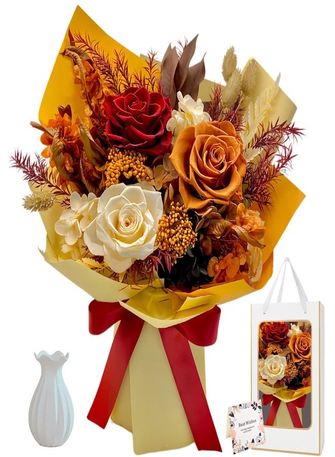 DAMOR باقة زهور محفوظة، هدية لها، زهور طبيعية تدوم طويلاً، هدية عيد الحب، عيد الأم، عيد ميلاد للنساء، الزوجة، الأم، الجدة، زينة غرفة من ورود تدوم للأبد مع مزهرية - Image 1