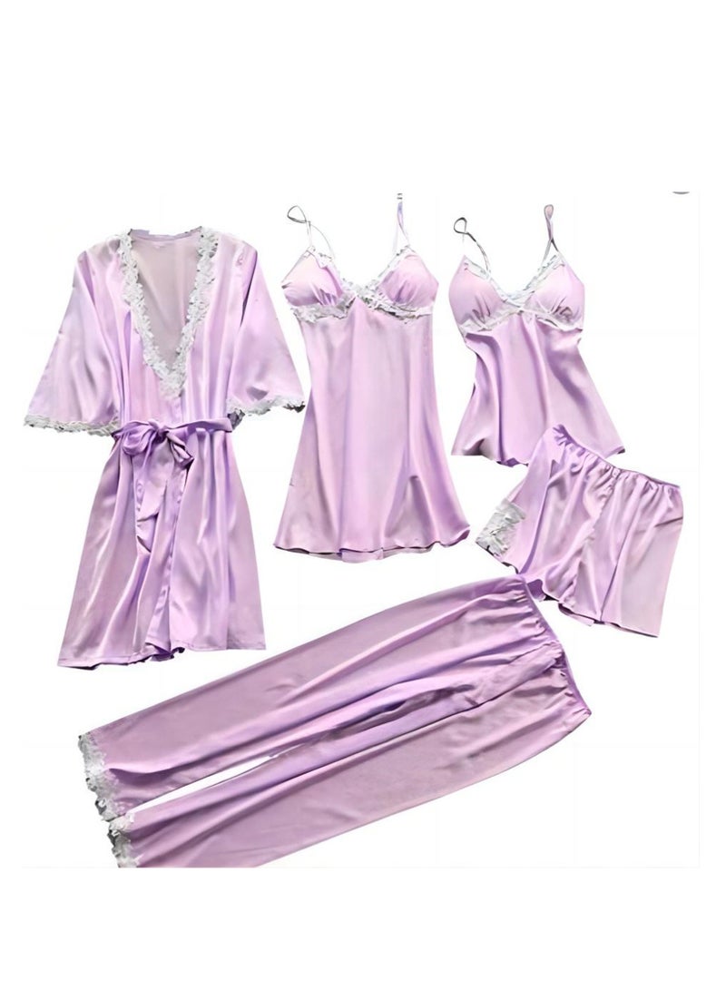 5 Pcs Pajamas Mid Sleeves Lounge Clothes Robe Pajamas Set  - Image 1