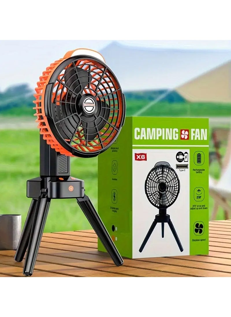ET-LIFE - 4-Speeds Portable Camping Fan with LED Light and Tripod Stand USB Rechargeable 270° Revolve Foldable - Image 1