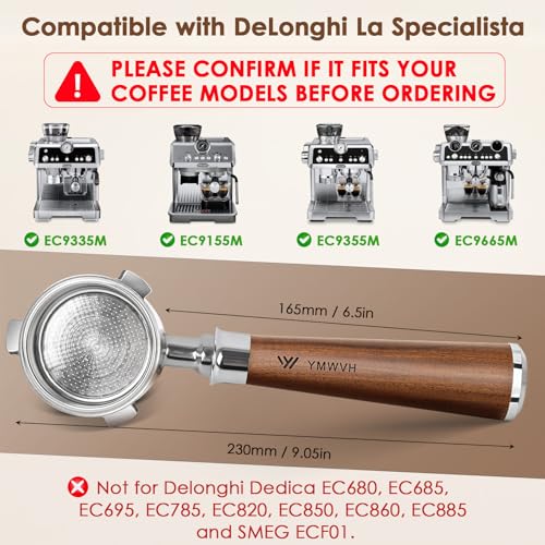 YMWVH 51mm Bottomless Portafilter 3 Ears Compatible with De-longhi La Specialista Coffee Espresso Machine EC9335 9155 9355 9665,100% Stainless Steel Filter Basket and Rosewood Handle - Image 3