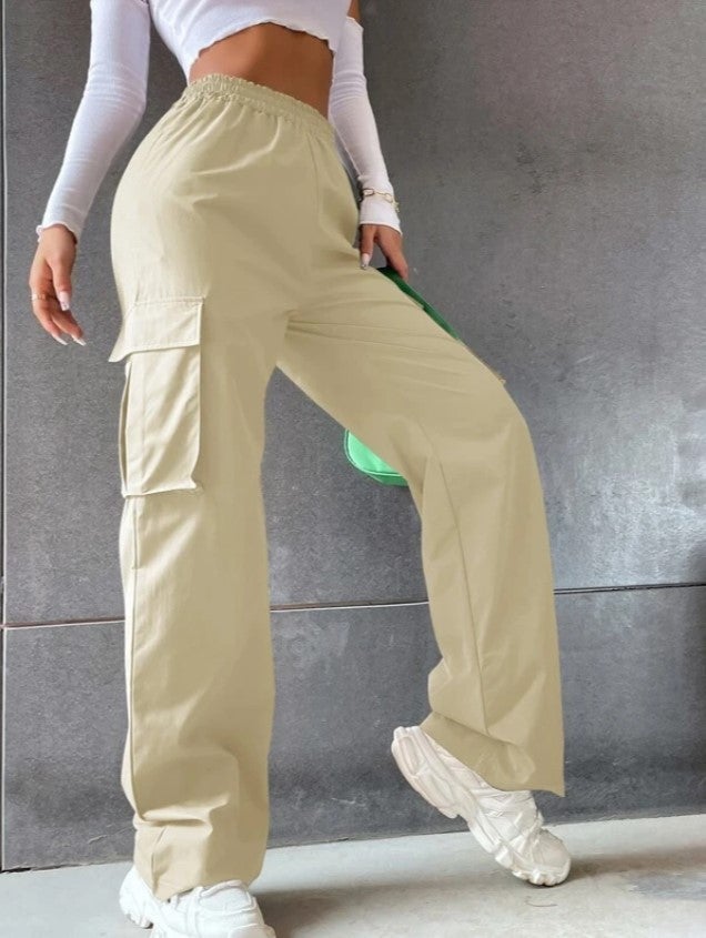 Fashionable European And American Womens Work Pants Pure Color Elastic Waist Flip Cover Pocket Casual Trousers High Waist Straight Leg Long Pants Apricot  - Image 1