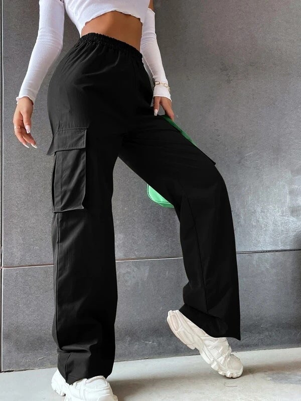 Fashionable European And American Womens Work Pants Pure Color Elastic Waist Flip Cover Pocket Casual Trousers High Waist Straight Leg Long Pants Apricot  - Image 2