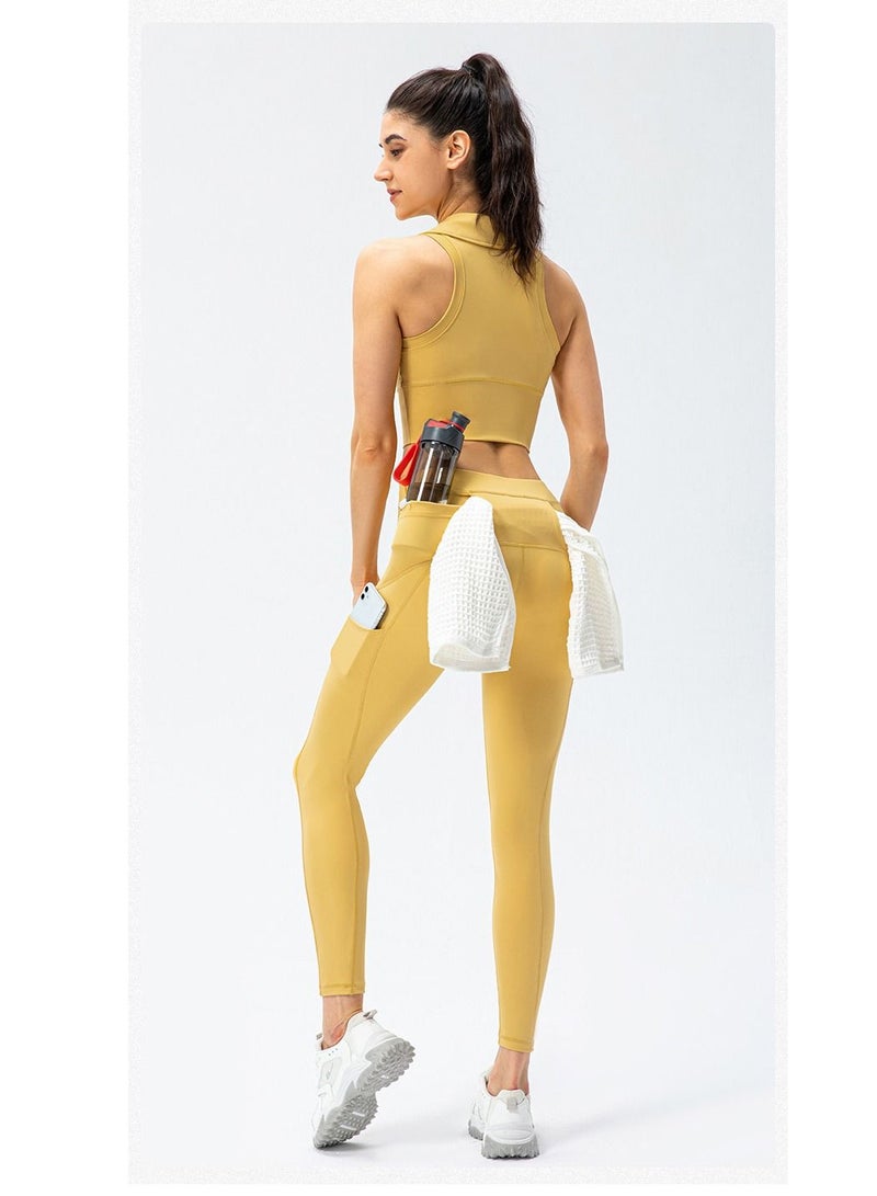High rise and turndown collar vest fitness running tights yoga sport two suits.