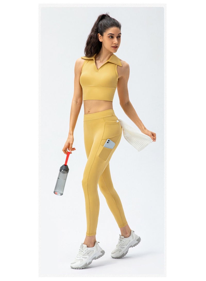 High rise and turndown collar vest fitness running tights yoga sport two suits.
