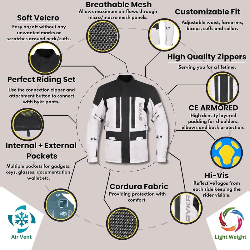 BYKR Adventure Touring Motorcycle Jacket For Men Women Enduro Biker Textile Riding Gear CE Armored Silver M - Image 4