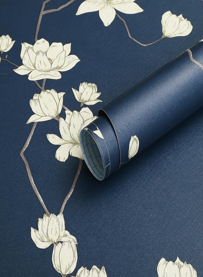 GloryTik 17.3" x 118" Floral Wallpaper Dark Blue Peel and Stick Wallpaper Beige Flower Contact Paper Vintage Self Adhesive Wallpaper Removable Mural Wallpaper for Home Wall Decoration Vinyl Roll - Image 1
